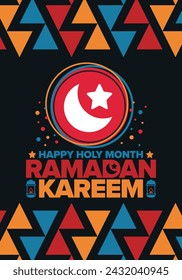 Ramadan Kareem. Happy Holy Month. Crescent, moon, star and lantern. Arabian holiday. Flat style. Greeting card. Creative art. Vector illustration