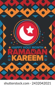 Ramadan Kareem. Happy Holy Month. Crescent, moon, star and lantern. Arabian holiday. Flat style. Greeting card. Creative art. Vector illustration