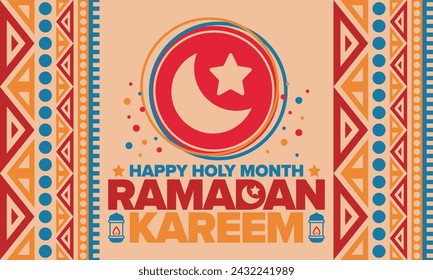 Ramadan Kareem. Happy Holy Month. Crescent, moon, star and lantern. Arabian holiday. Flat style. Greeting card. Creative art. Vector illustration
