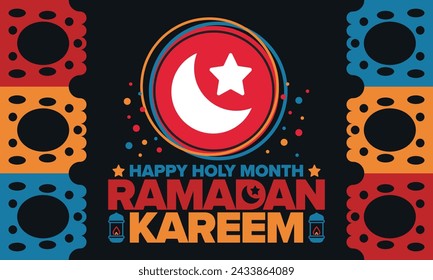 Ramadan Kareem. Happy Holy Month. Crescent, moon, star and lantern. Arabian holiday. Flat style. Greeting card. Creative art. Vector illustration