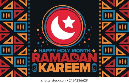 Ramadan Kareem. Happy Holy Month. Crescent, moon, star and lantern. Arabian holiday. Flat style. Greeting card. Creative art. Vector illustration