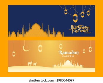 Ramadan Kareem Cabecera O Diseño De Pancarta Con Mezquita, Faroles, Luna Creciente En Opciones De Color Azul Y Dorado.