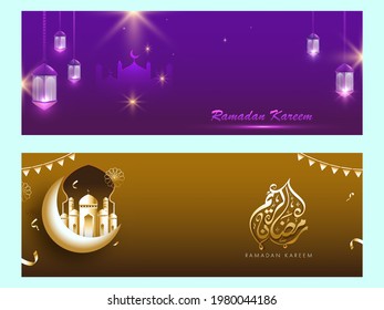 Ramadan Kareem Header Or Banner Design With 3D Crescent Moon, Mosque, Lit Lanterns Hang And Lights Effect On Purple And Dark Brown Background.