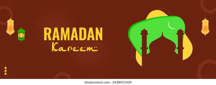 Ramadan Kareem Header or Banner Design with Silhouette Mosque, Crescent Moon and Hanging Lamps on Abstract Burnt Red Background.