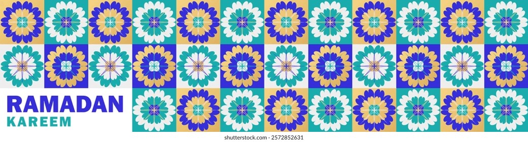 Ramadan Kareem header with floral arabesque in teal, blue, gold, and white arranged in a tiled pattern. Modern, vibrant geometric panoramic banner with bold text. Symmetrical Islamic-inspired art
