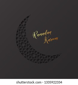 Ramadan Kareem holiday background. 3d paper cut crescent with traditional islamic pattern. Design for greeting card, banner or poster. Vector illustration.