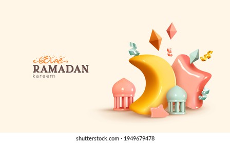 Ramadan Kareem holiday background. Arabic Text Translation Ramadan Kareem. Realistic design with 3d object. Festive banner, poster, flyer, stylish brochure, greeting card, cover. Vector illustration