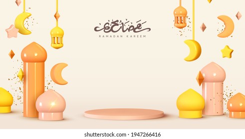 Ramadan Kareem holiday background. Celebrate Ramadan Holy month in Islam. Realistic design with 3d objects, hanging lanterns and half month. Sale stage, podium modern template, round studio platform.