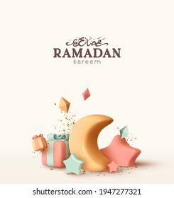 Ramadan Kareem holiday background. Celebrate Ramadan Holy month in Islam. Realistic design with 3d object. Festive banner, poster, flyer, stylish brochure, greeting card, cover. Vector illustration