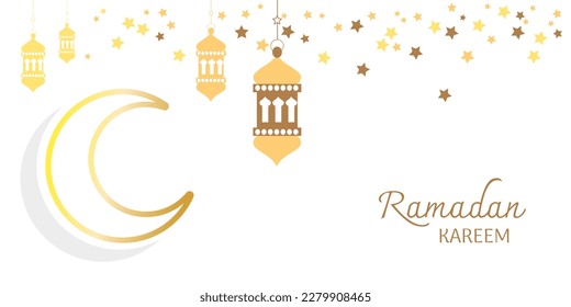 Ramadan Kareem holiday background. Design with flat crescent, lantern, star objects and Text. Celebrate Ramadan Holy month in Islam.