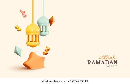 Ramadan Kareem holiday background. Realistic 3d design elements, hanging lanterns, volume stars, gold confetti. Flyer, stylish brochure, greeting card, cover. Arabic Text Translation Ramadan Kareem