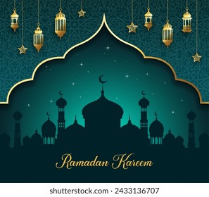 Banner de vacaciones de Ramadán Kareem con mezquita musulmana, luces de farolillos árabes, adorno islámico y paisaje de luna creciente. Fiesta musulmana, religión árabe o celebración de Ramadán vector de portada o pancarta