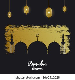 Ramadan Kareem holiday card with silhouette of mosque on golden brush stroke and islamic gold lanterns. Arabic greeting background for banner and poster. Vector illustration.