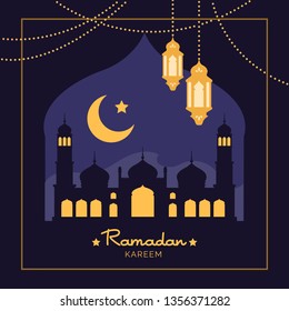 Ramadan Kareem holiday celebration card with mosque, lantern and moon