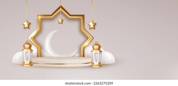 Ramadan Kareem holiday design. 3d Crescent moon decor displayed on podium. Suitable for Islamic holiday promo.