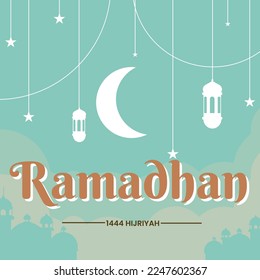 Ramadan Kareem holiday design. Celebrate Ramadhan Holy month in Islam. Flat Background, crescent with star and hanging lanterns. 