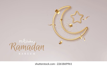 Concepto de diseño de vacaciones de Ramadan Kareem. Media luna de oro islámica en 3d y silueta de estrellas. Colocar el texto.