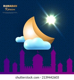 Ramadan Kareem holiday design. Crescent moon with golden star and blue clouds. In the background is the silhouette of a mosque. Festive banner, poster, flyer, brochure, postcard. Vector illustration