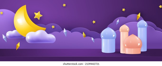 Ramadan Kareem holiday design. Crescent moon background with star, arabesques and clouds. Stage studio for promotional products. Festive banner, poster. Vector illustration