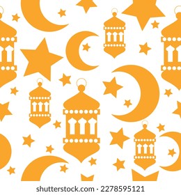Ramadan Kareem holiday design. Seamless pattern design with flat lantern, star, crescent objects. Celebrate Ramadan Holy month in Islam. Festive clothes, poster, wrapping paper.
