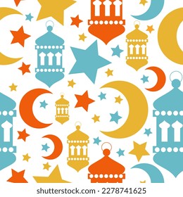 Ramadan Kareem holiday design. Seamless pattern design with flat lantern, star, crescent objects. Celebrate Ramadan Holy month in Islam. Festive clothes, poster, wrapping paper.