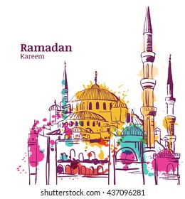 Ramadan Kareem holiday design. Watercolor sketch illustration of mosque. Vector ramadan holiday watercolor background. Greeting card or banner for muslim holiday.