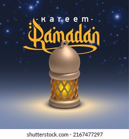 Ramadan Kareem holiday Realistic 3d cartoon cute design. Celebrate Ramadhan Holy month in Islam. Background crescent with lantern and night starry sky. Arabic calligraphy Ramadan Kareem Festive banner
