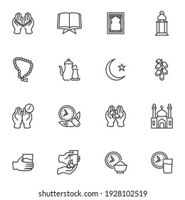 Ramadan Kareem holiday vector icons set, modern solid symbol collection, filled style pictogram pack. Signs, logo illustration. Set includes icons as Islamic iftar food, namaz praying, mosque, lantern