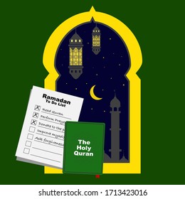 Ramadan Kareem - Holy Month Islam Celebration. Lantern, silhouette of mosque through window. Ramadan to do list