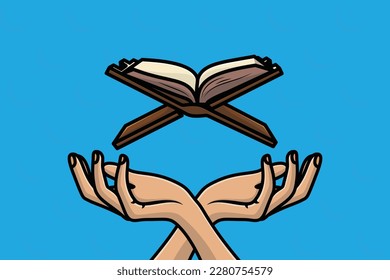 Ramadan Kareem Holy Month of Islam Greeting illustration Hand Holding Holy Quran vector design. Islamic holiday icon concept. Read Quran or Recite the Quran concept.