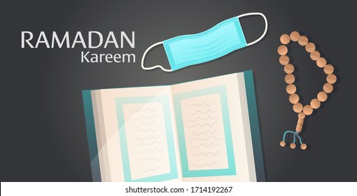 ramadan kareem holy month religion concept islamic quran tasbih and medical mask coronavirus pandemic quarantine greeting card horizontal vector illustration