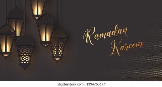 Ramadan Kareem horizontal banner. 3d paper cut style hanging lanterns in black color with glowing lights and islamic traditional pattern. Vector illustration.