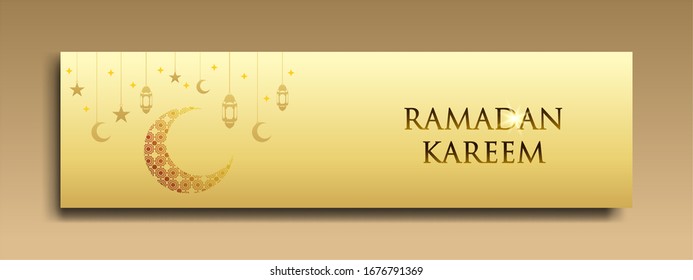 Ramadan Kareem horizontal banner with 3d crescent moon, lantern and stars. Vector Illustration for greeting card, poster and voucher. Islamic calligraphy for ramadan kareem
