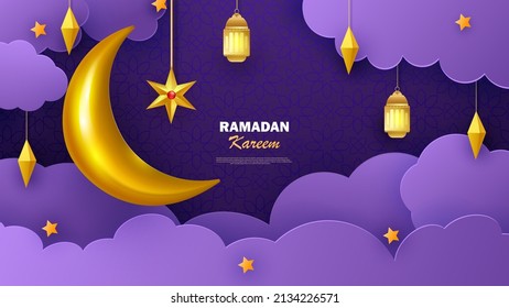 Ramadan Kareem horizontal banner with 3d arabesque stars and flowers. Vector illustration. Greeting card, poster and voucher. Islamic crescent moon with hanging traditional lanterns in the clouds