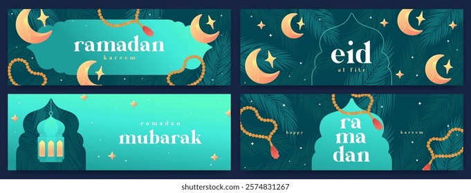 Ramadan Kareem horizontal banner, backgro, greeting cards set. Modern beautiful design in emerald green with islamic element, star and moon, mosque gate, Vector Illustration.