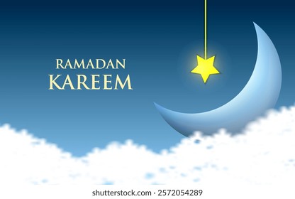 Ramadan Kareem Horizontal Banner with Crescent Moon, Clouds and Stars in the Background. Vector illustration.