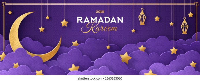 Ramadan Kareem Horizontal Banner with Gold Moon, 3d Paper cut Clouds and Stars on Night Sky Background. Vector illustration. Traditional Lanterns and Place for your Text.