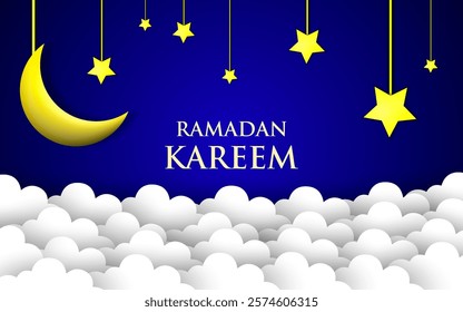 Ramadan Kareem Horizontal Banner with Golden Moon, 3d Paper cut Clouds and Stars on Background. Vector illustration.