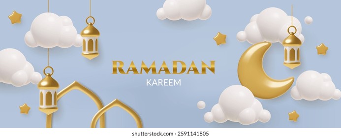 Ramadan Kareem horizontal banner with golden 3d vector elements on blue background. Crescent moon, lanterns, arch, night stars and cartoon. 