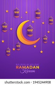 Ramadan Kareem Horizontal Banner with lantern, Star and Crescent moon. Vector illustration. Paper cut style. The glorious month of the Muslim year.