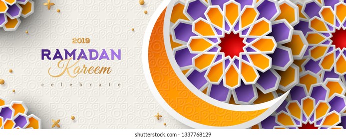 Ramadan Kareem Horizontal Banner with Moon and 3d Paper cut Islamic Stars on Light Background. Vector illustration. Place for your Text.