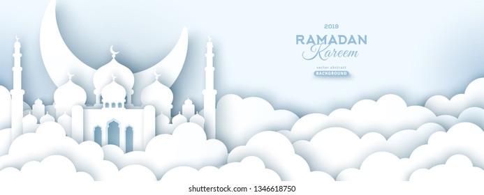 Ramadan Kareem Horizontal Banner with Moon, Clouds and 3d Paper cut Sheikh Zayed Grand Mosque on White Background. Vector illustration. Place for your Text.
