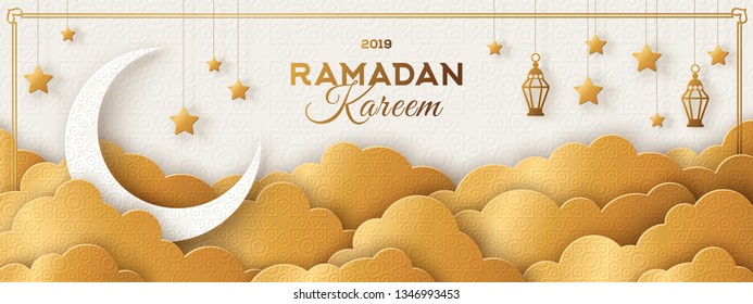 Ramadan Kareem Horizontal Banner with Moon, Gold 3d Paper cut Clouds and Traditional Lanterns on Light Background. Vector illustration. Place for your Text.