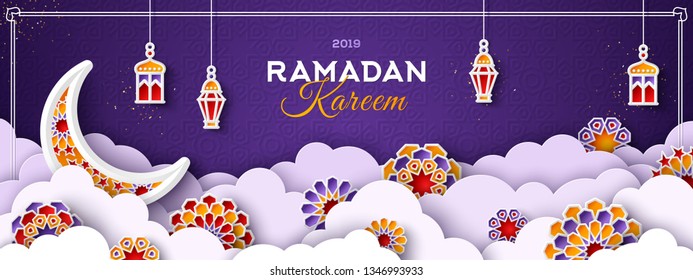 Ramadan Kareem Horizontal Banner with Moon, 3d Paper cut Clouds and Islamic Stars on Dark Background. Vector illustration. Traditional Lanterns and Place for your Text.