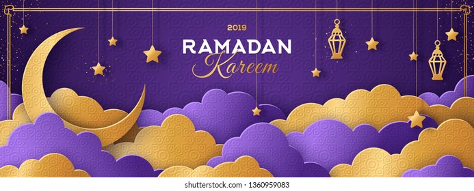 Ramadan Kareem Horizontal Banner with Moon, Gold 3d Paper cut Clouds and Stars on Violet Background. Vector illustration. Traditional Islamic Lanterns and Place for your Text.