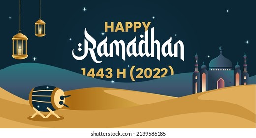 Ramadan Kareem Horizontal Banner with Mosque on Night Lanscape. Vector illustration.