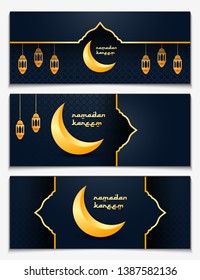 Ramadan Kareem Horizontal Banner Set Template with Golden Outline Mosque Silhouette. Arabic Pattern. Golden Crescent Moon. Golden Arabic Lantern.