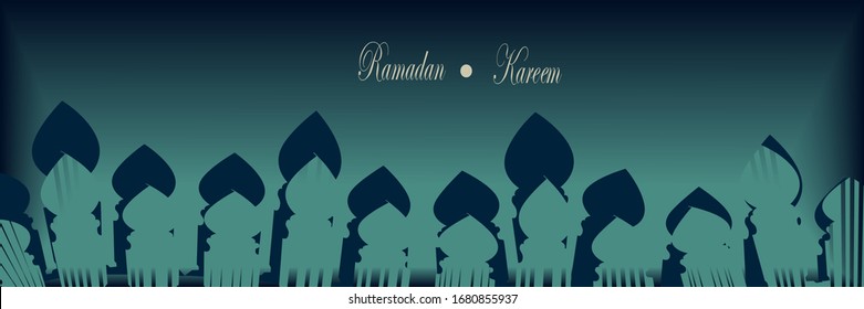 Ramadan Kareem horizontal banner. Vector Illustration for greeting card, poster and voucher. concept horizontal banner with islamic traditional patterns. Silhouette muslim mosque blue background