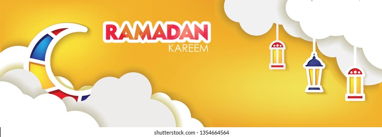 Ramadan Kareem Horizontal Banner3d Paper cut Clouds, Lanterns and Moon on Gold Background. Vector illustration.  Place for your Text.