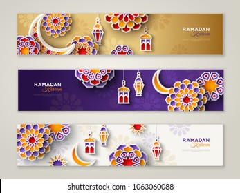 Ramadan Kareem horizontal banners with 3d arabesque stars and flowers. Vector Illustration for greeting card, poster and voucher. Islamic crescent moon with hanging traditional lanterns